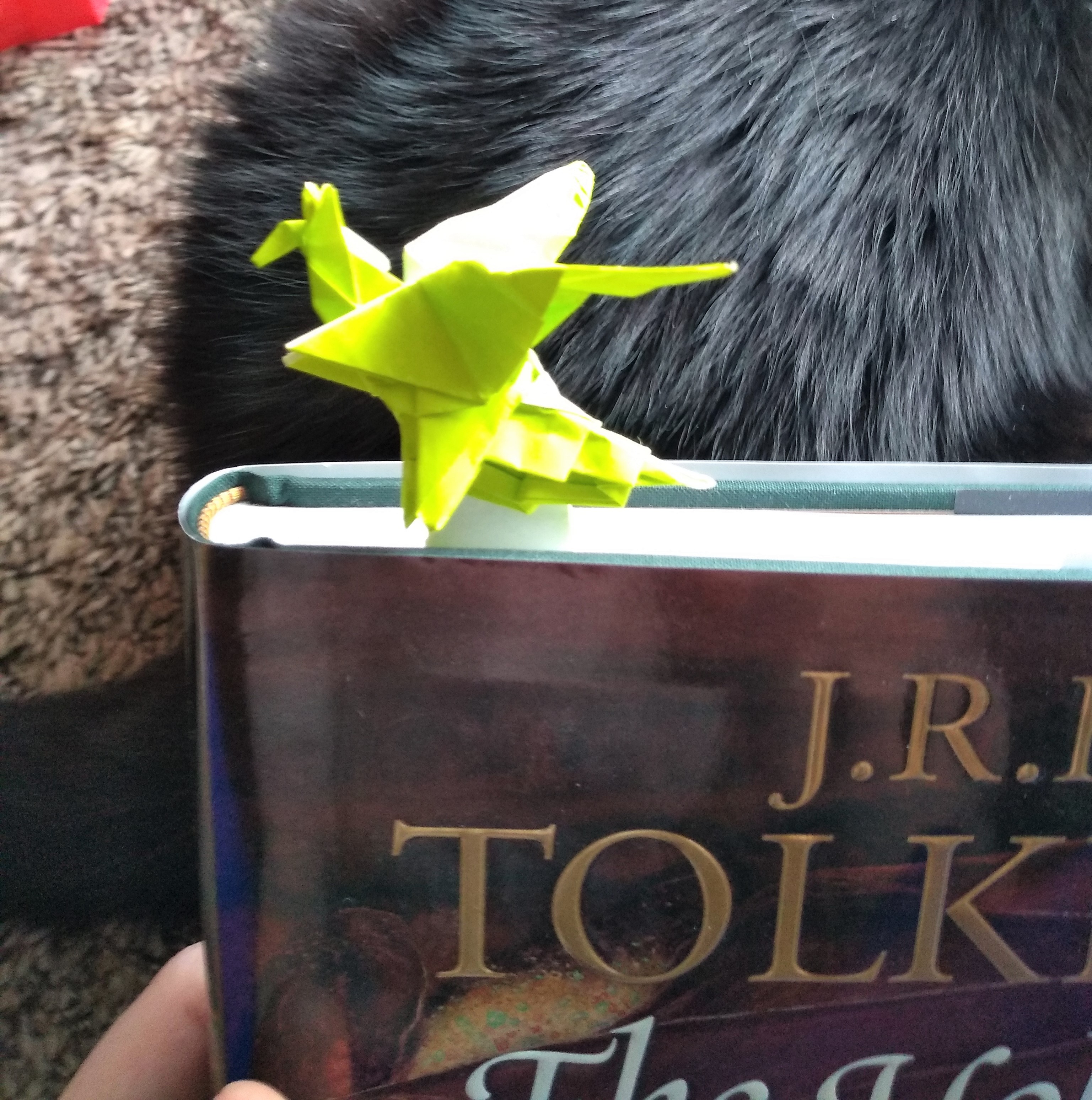 A green dragon bookmark inserted in The Hobbit.