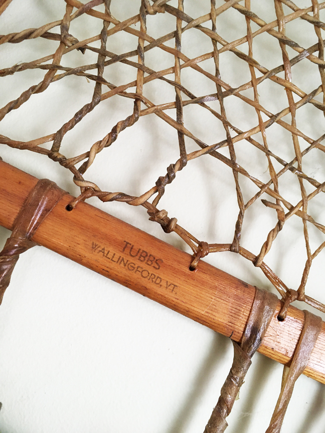 Detail view of a 1940-s era snowshoe made by Tubbs of Vermont.
