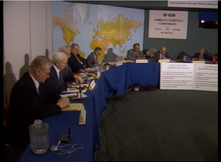 Screen capture from Grimshaw recording of Soviet and American military personnel roundtable on nuclear disarmament. 