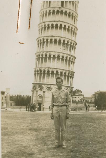 Charles Baker in front of the Leaning Tower of Pisa
