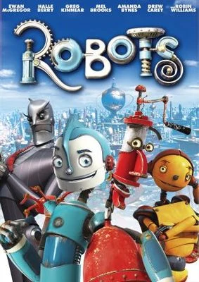 Film poster of an animated film, Robots, displaying various shaped robots