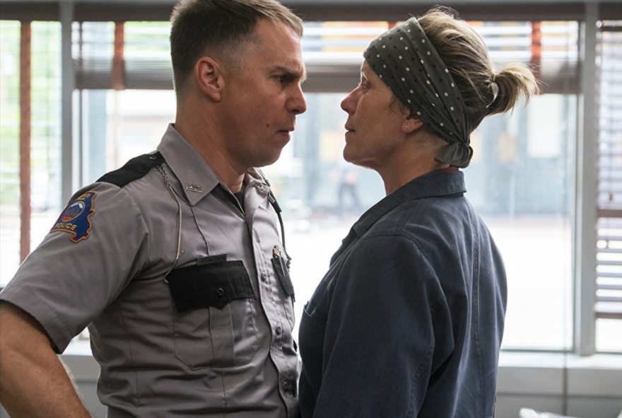 Still image of a man and woman from the movie Three Billboards Outside Ebbing, Missouri