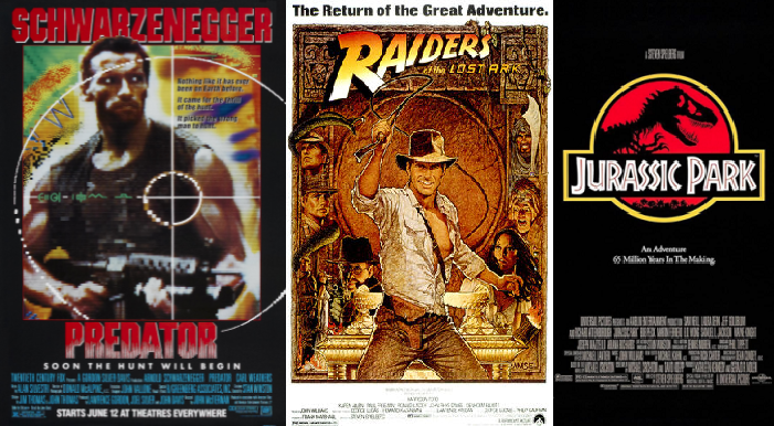 still image of three film posters from the movies, Predator, Raiders of the Lost Ark, and Jurassic Park
