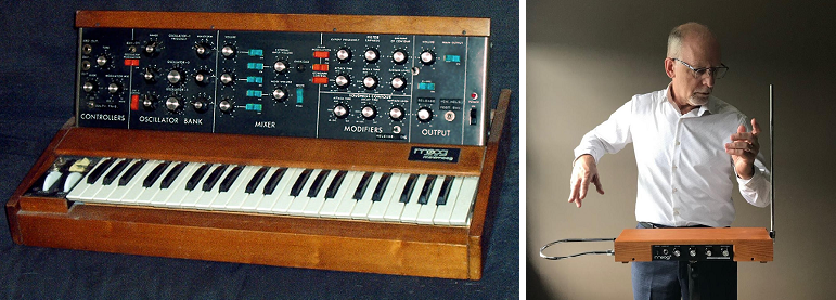 still image of a musical instrument called the mini-moog; still image of a manplaying a musical instrument called a theremin