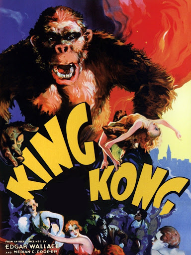 film posted from an early movie, King Kong, a large ape holds a passed out woman