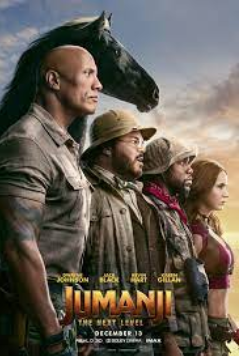 film poster from the movie, Jumanji, image of three men, one woman and one horse