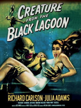 film poster from the movie, Creature from the Black Lagoon, a sea monster holds a screaming woman