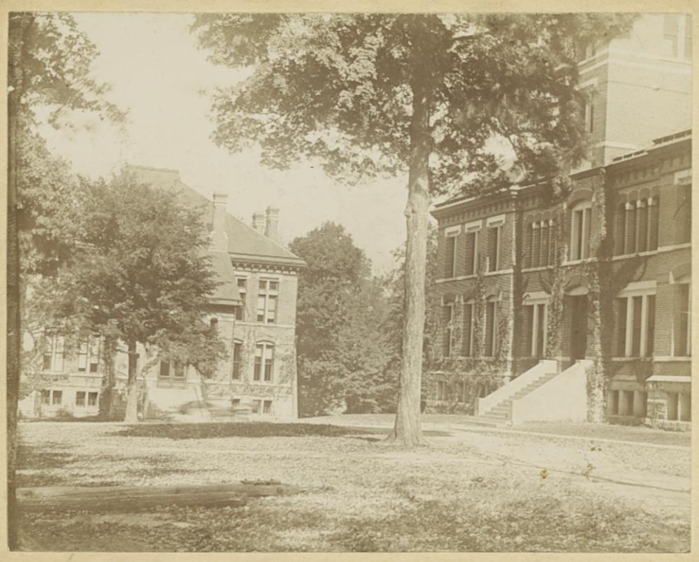 Sepia tone photo of Owen and Wylie Halls, looking north.