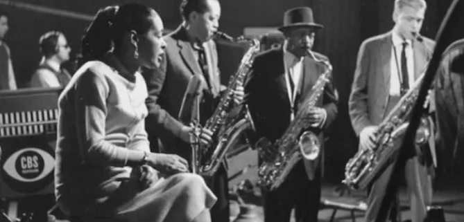 Image of jazz musicians Billie Holiday, Lester Young, Coleman Hawkins and Gerry Mulligan