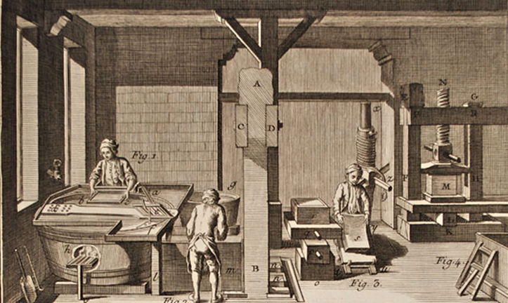 Engraving of a hand-papermaking shop.
