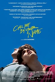 DVD cover art for the film "Call Me By Your Name." Two men look upward toward a bright blue sky, one resting his head on the other's shoulder. The film's title is written in yellow block letters above their heads.