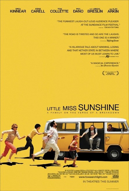 DVD cover art for the film "Little Miss Sunshine." A yellow and white Volkswagen van is pictured in the bottom third of the image, against a yellow background. One person is inside the van with arms outstretched, while four others run toward it as if to enter it.