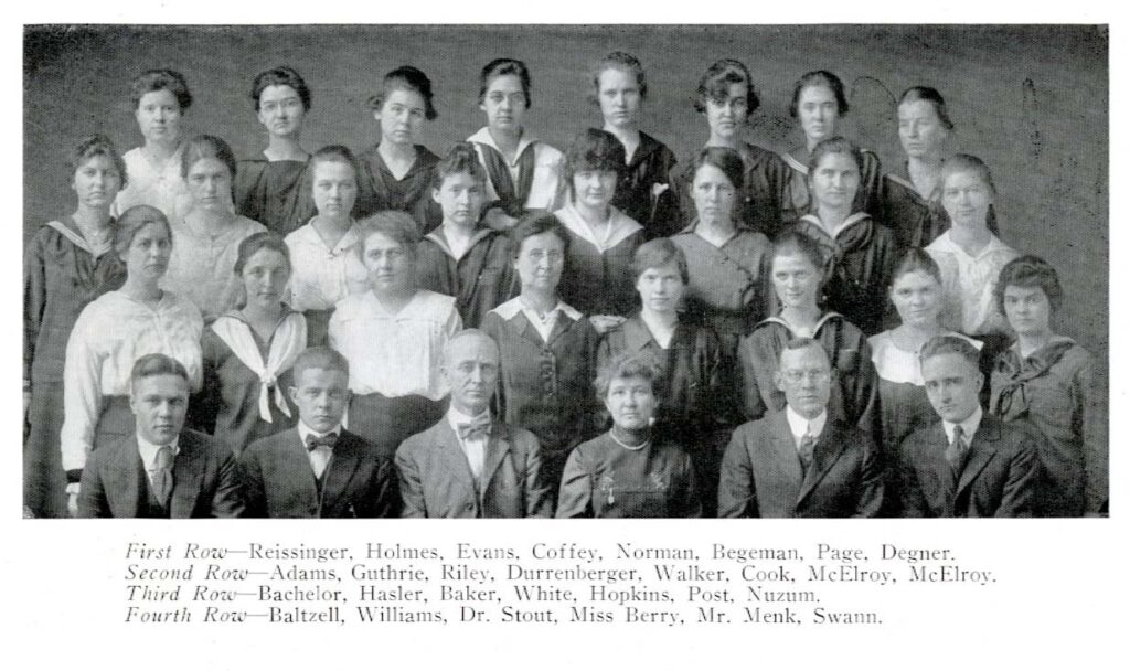 Black and white photo of students and instructors from an IU Arbutus yearbook.