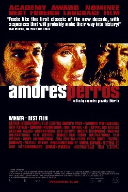 In the top third and bottom third of the image are movie quotes and information. In the center is the title, Amores Perros, and above that are three faces all in semi-profile, with the left side of the face visible, in a saturated reddish-orange light.