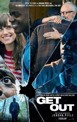 Movie poster for the film "Get Out." The title appears in the lower right quadrant of the image. The poster depicts an ominous glass pane cracked by a bullet hole. In each glass shard is reflected a scene from the film.