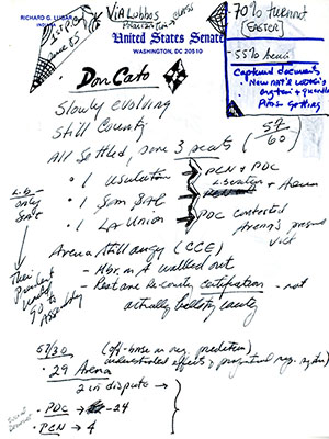 Image of a piece of letterhead for the United States Senate with handwritten notes in blue and black ink.