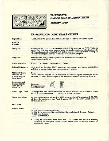 Image of the first page of a newsletter from the human rights organization El Rescate.