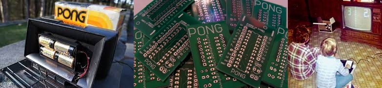 Two images of the inside components of Pong machines, and a third image of two children playing a video game.