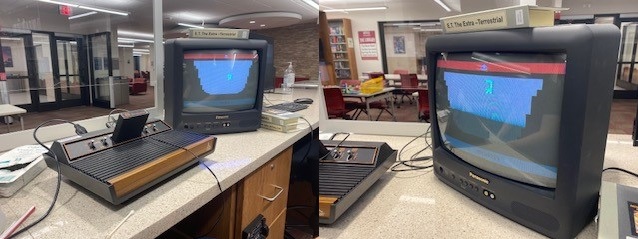 Two photographs of a small television hooked up to an Atari video game system.