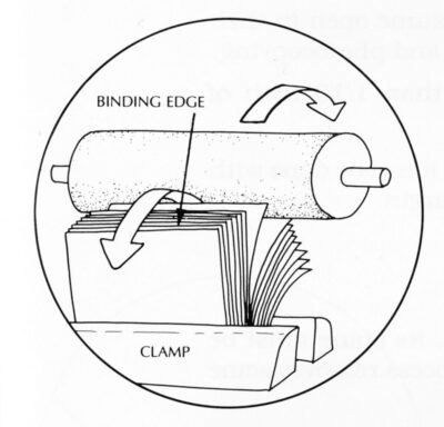 Illustration of how the adhesive is applied with a roller while the pages are fanned.