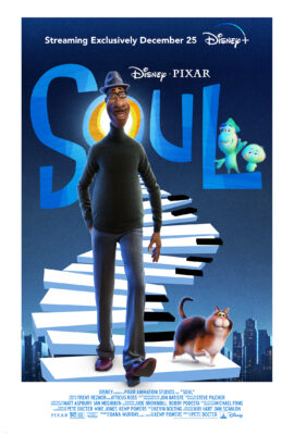 Poster for the movie Soul, showing a cartoon image of a man and a cat walking on stairs that look like piano keys.
