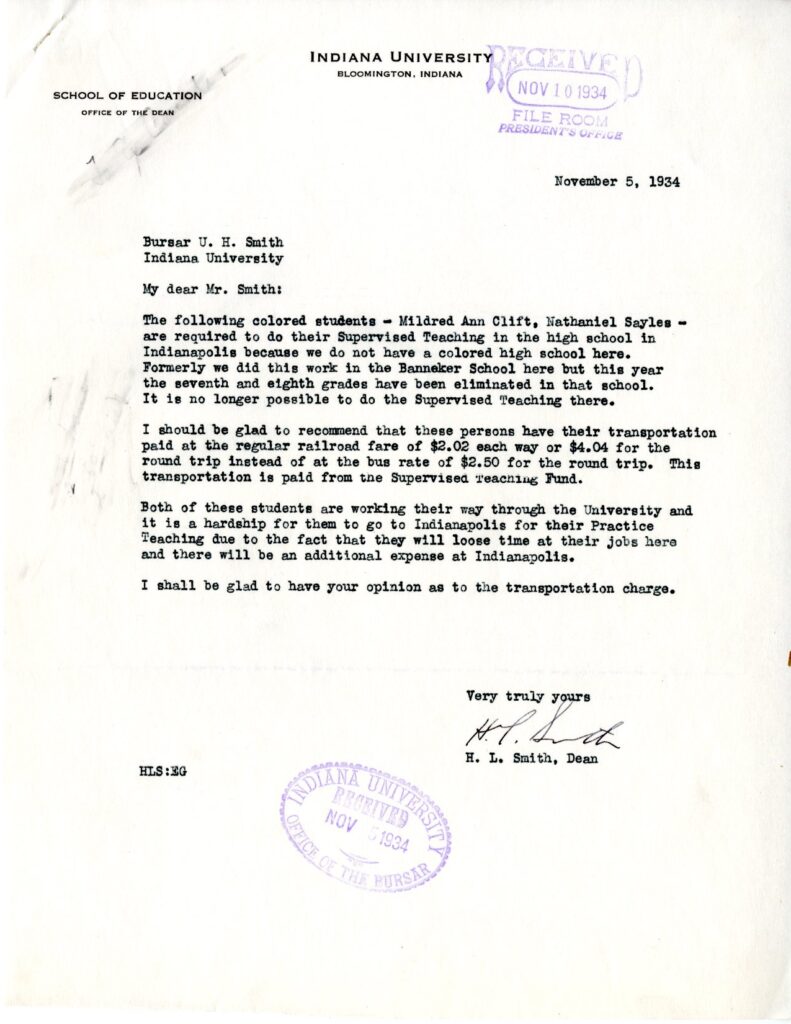 Image of a letter dated November 5, 1934 from Dean H.L. Smith to Bursar U.H. Smith.