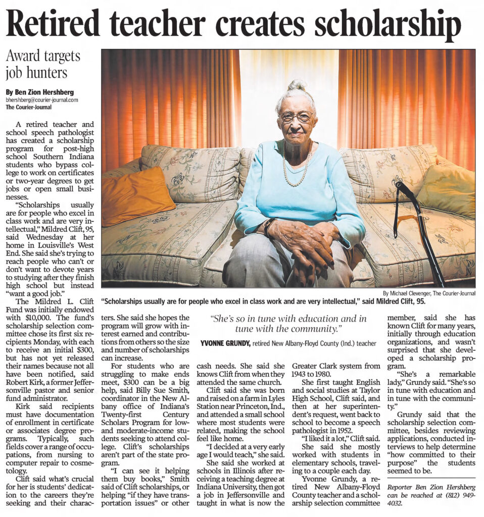 Newspaper clipping with the title "Retired teacher creates scholarship: award targets job hunters" 