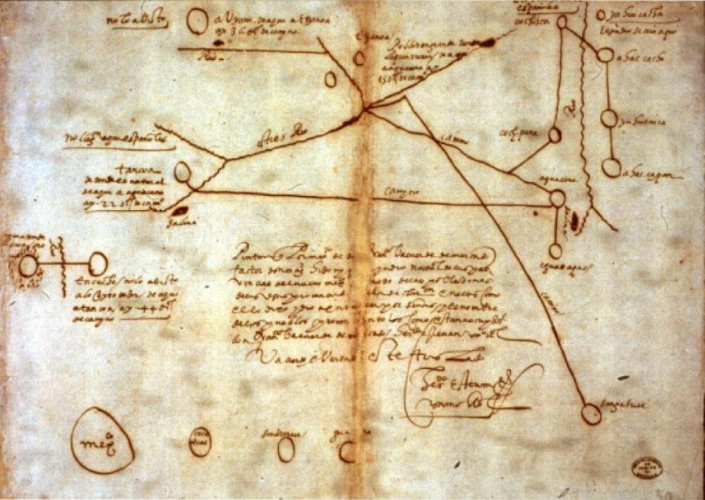 The "Miguel Map," drawn by an unnamed Indigenous man who the invading Spaniards named "Miguel." Drawn in 1602, either in the modern state of New Mexico or in modern-day Mexico City. 