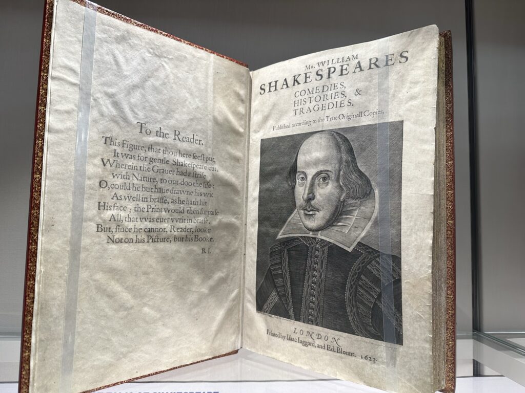 The First Folio of Shakespeare, open to the title page. Under the title (Mr. William Shakespeares Comedies, Histories & Tragedies) is an engraved portrait of Shakespeare.