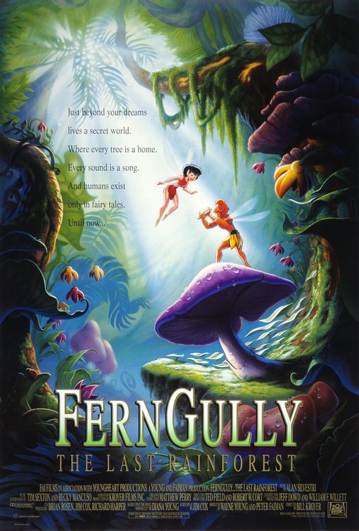 A movie poster for the film FernGully, featuring a lush forest ground. A beam of light illuminates a female fairy approaching a male fairy, who is standing on a mushroom, reaching out to her.