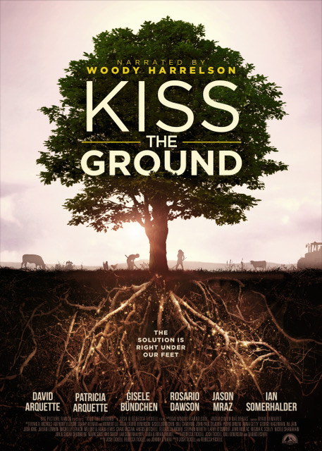 A poster for the documentary "Diss the Ground", depicting a large tree, with human farmers and their livestock underneath. The ground is cut open to observe the root system, with the text "The solution is right under our feet" overlaid on top of the roots.