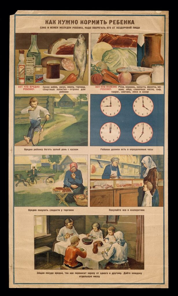 A poster divided into a grid with various images related to the feeding of children: fish and vegetables, a child playing with a hoop, images of clocks showing when to feed, a scene at a butcher's shop, and a family sitting down to dinner.