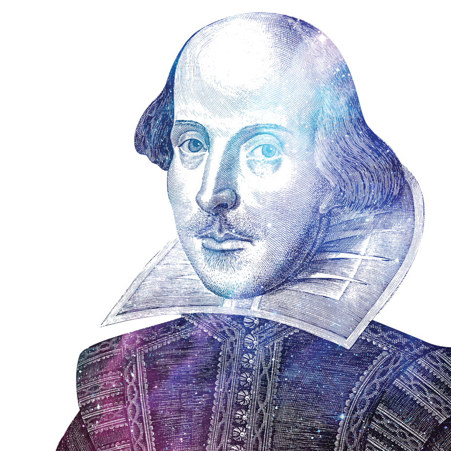 Portrait of Shakespeare from the First Folio, digitally altered to be colored in shades of blue and purple studded with stars.