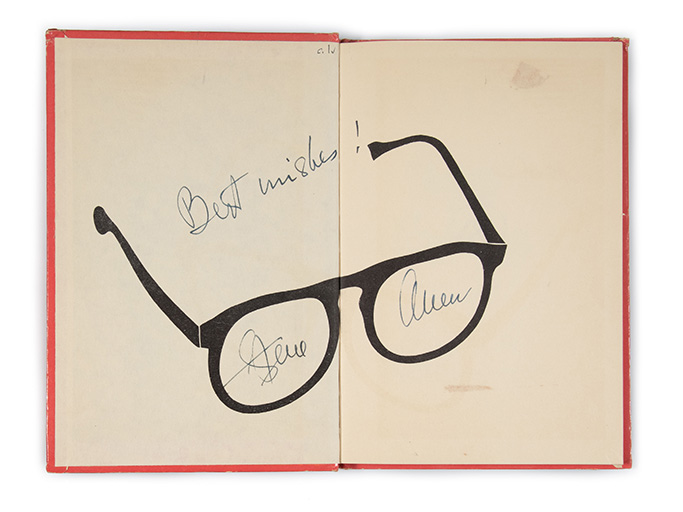 Endpapers of Bob Fables signed "Best wishes! Steve Allen" with the name in the lenses of his famous eyeglasses