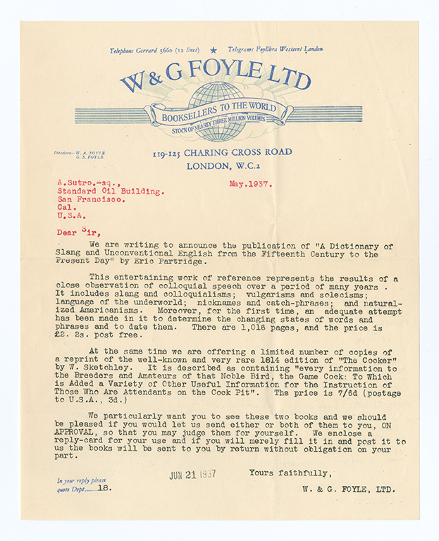 Typed letter on letterhead stationary featuring a depiction of the globe, reading "W. G. Foyle Ltd., Booksellers to the World."