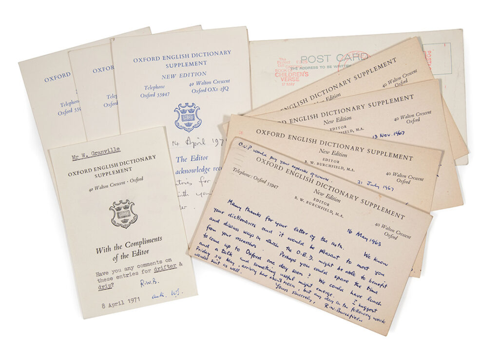 An array of postcards from OED editors to Wilfred Granville.