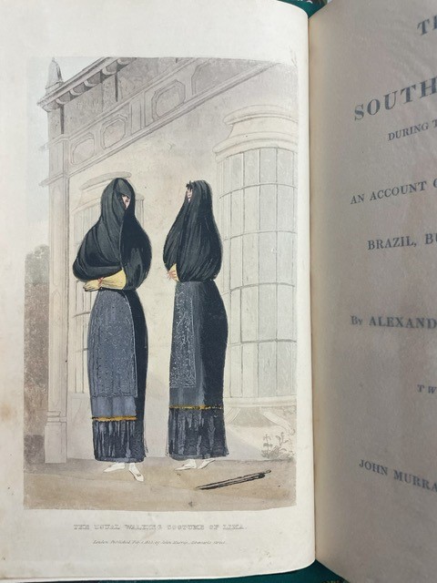 Frontispiece depicting "The Usual Walking Costume of Lima," showing two women wearing black dresses with black veils from Alexander Caldcleugh's Travels in South America, During the Years, 1819-20-21.
