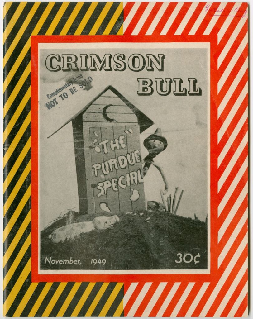 Cover of the November 1949 Little 500 issue of the Crimson Bull which includes an illustration of an outhouse with the words "The Purdue Special" painted on the side. 