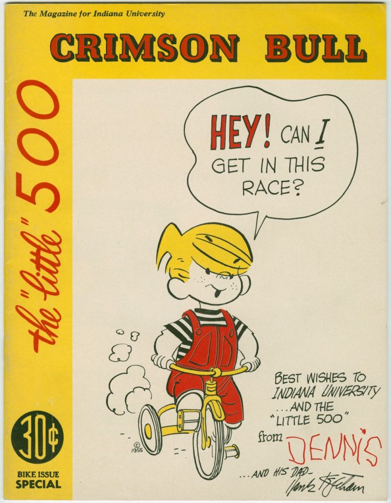 Cover of the May 1955 Little 500 issue of the Crimson Bull which includes a cartoon of Dennis the Menace on a tricycle. 