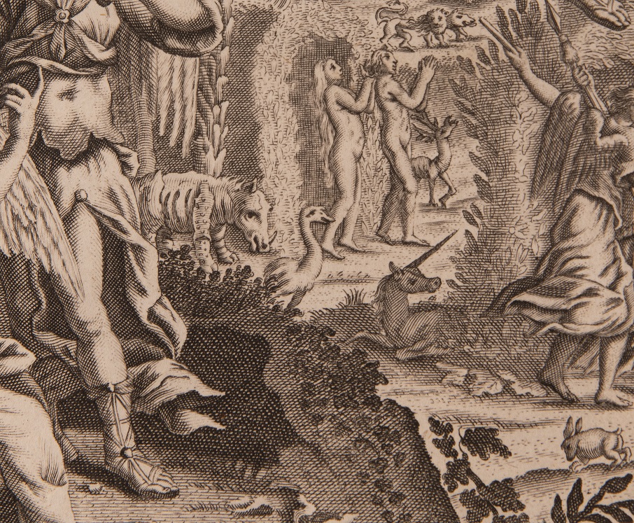 Detail of an engraving of the Garden of Eden, including Adam and Eve, several animals, and a unicorn.