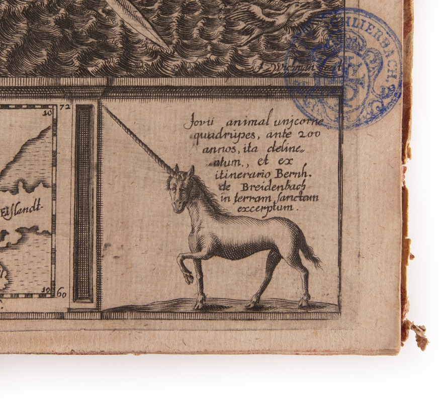 Engraving of a unicorn with Latin text.