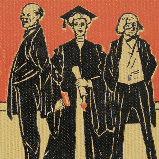 Woman in academic robes and mortarboard flanked by two men in suits