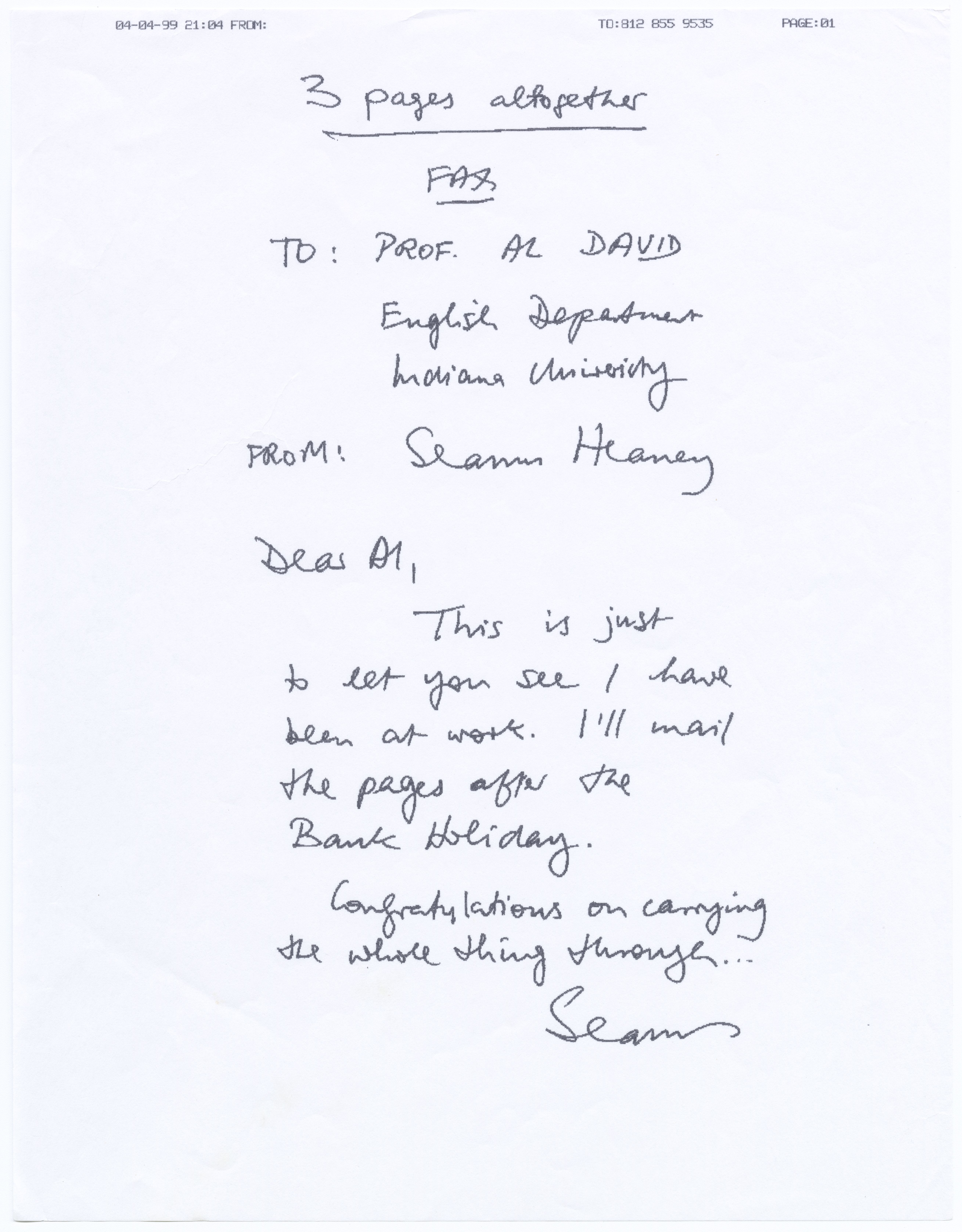 Cover letter of a fax from Seamus Heaney to Alfred David.