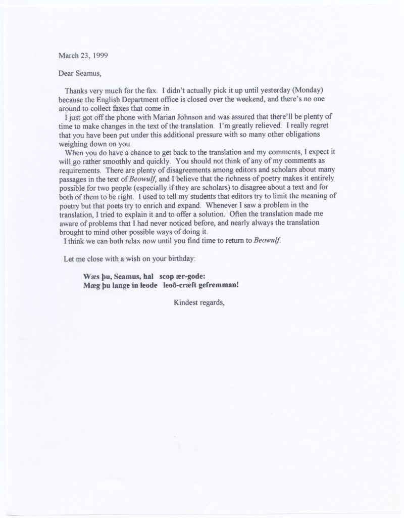 Letter from Alfred David to Seamus Heaney dated March 23, 1999.