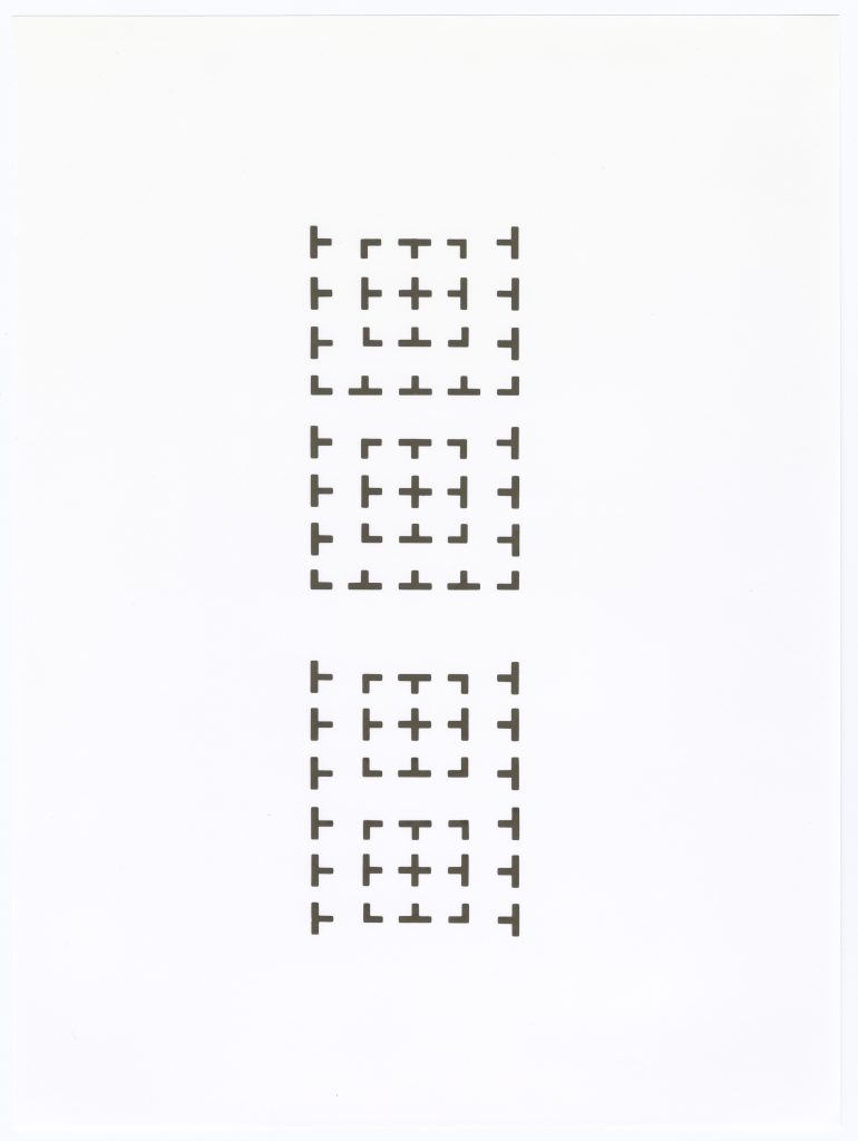 Image of the visual poem "Moonshot Sonnet," which uses no words. It is composed of the crosshatched grid of a Réseau plate from the Ranger 7 moon photographs in the octave and sestet of a Petrarchan sonnet.