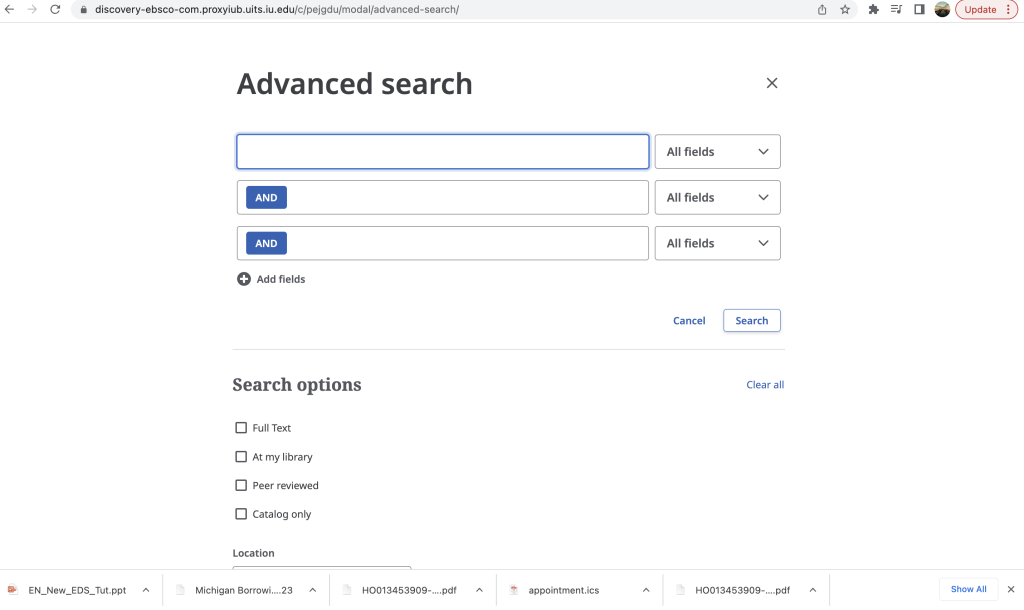Screenshot of the advanced search screen in OneSearch.