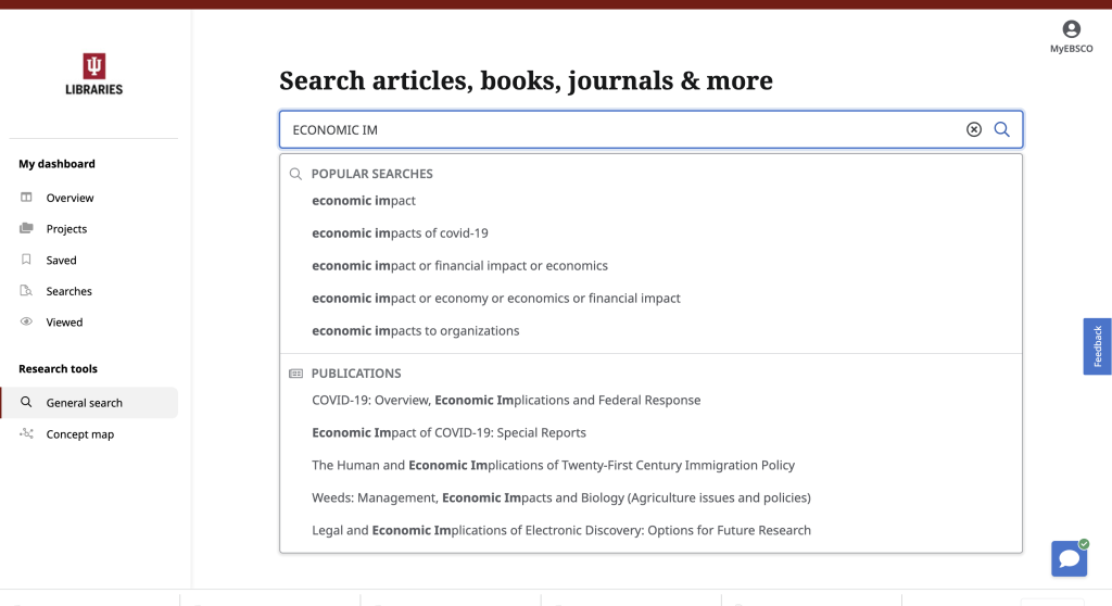 Screenshot of the search from OneSearch, with the term "ECONOMIC IM" in the search bar.