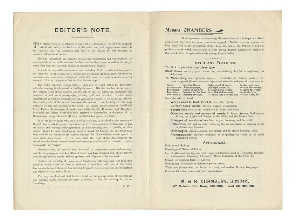 Pages 2 and 3 of the pamphlet with editor's note and important features of the dictionary