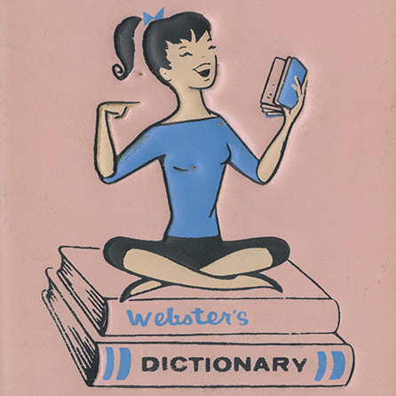Pink plastic bookbinding with cover showing white young woman cross-legged sitting on two large books while laughing and holding a smaller book