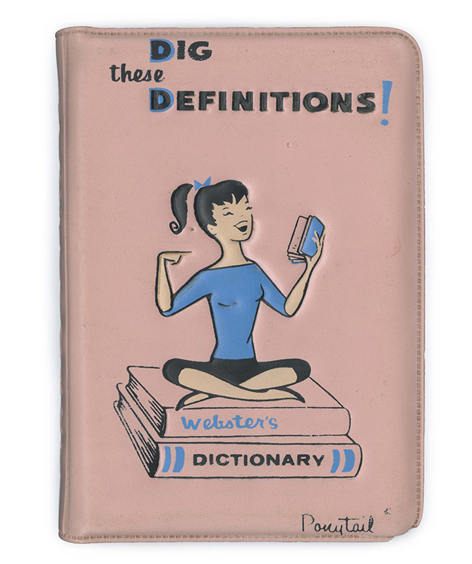 Book with a pink plastic cover reading "Dig these Definitions" showing a drawing of a white teenager laughing while holding a book